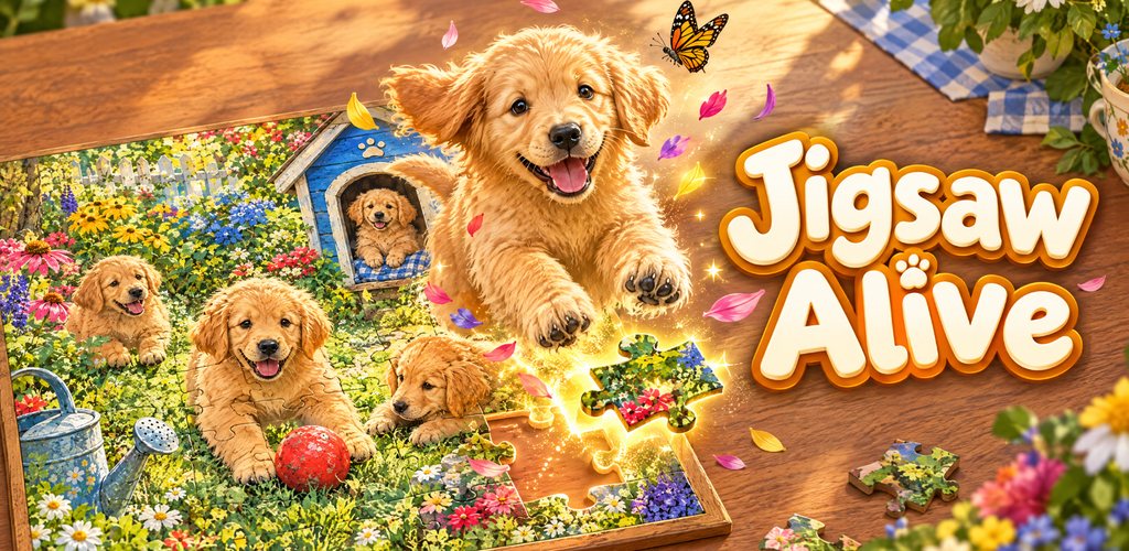 Golden retriever puppies in a flower garden, one leaping out of a jigsaw puzzle, beside the words Jigsaw Alive