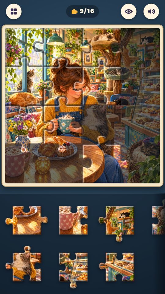 A cat café painting being pieced together, with pieces waiting in the tray